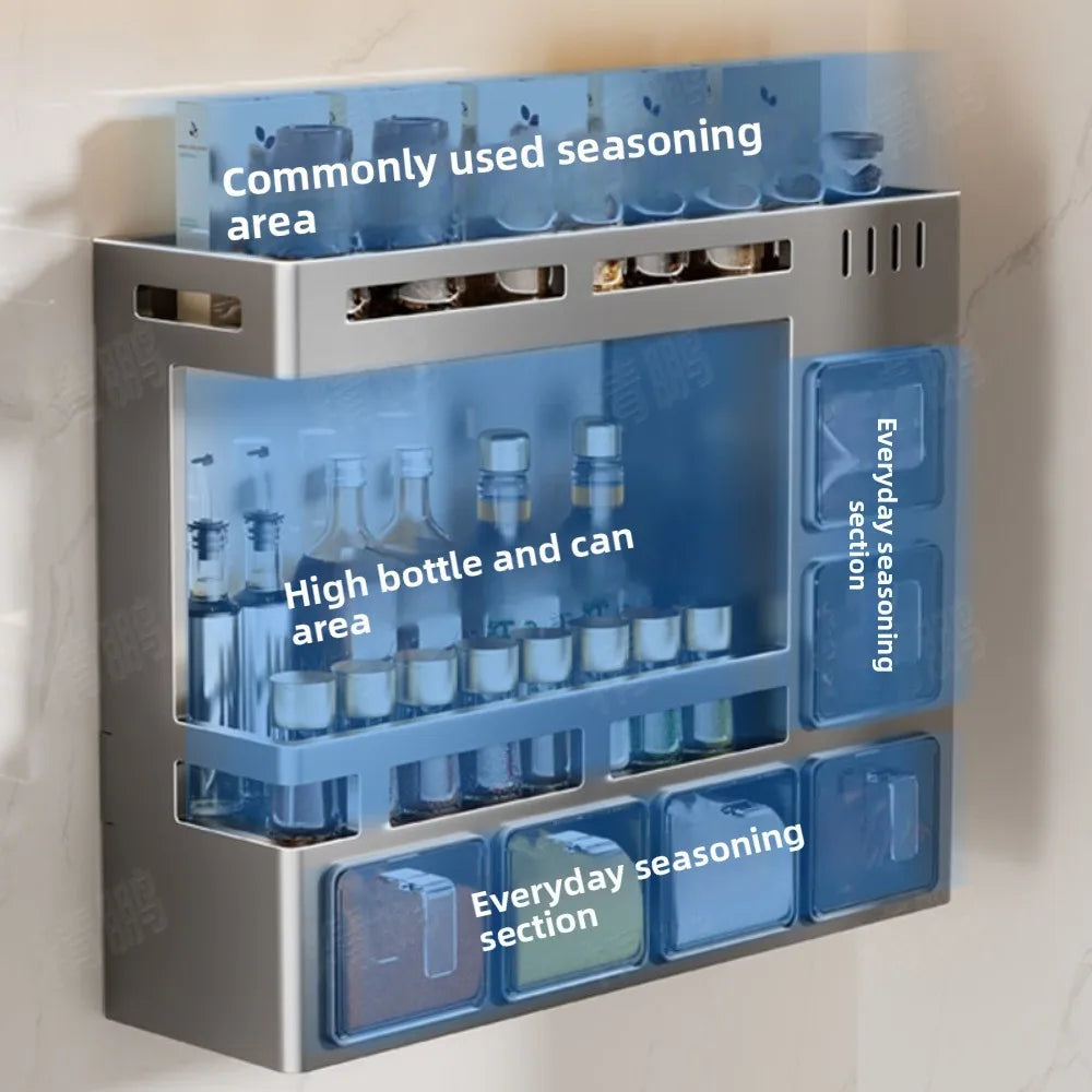 No‑Drill Wall‑Mounted Spice Rack – Carbon Steel Pull‑Out Seasoning Organizer for Kitchen