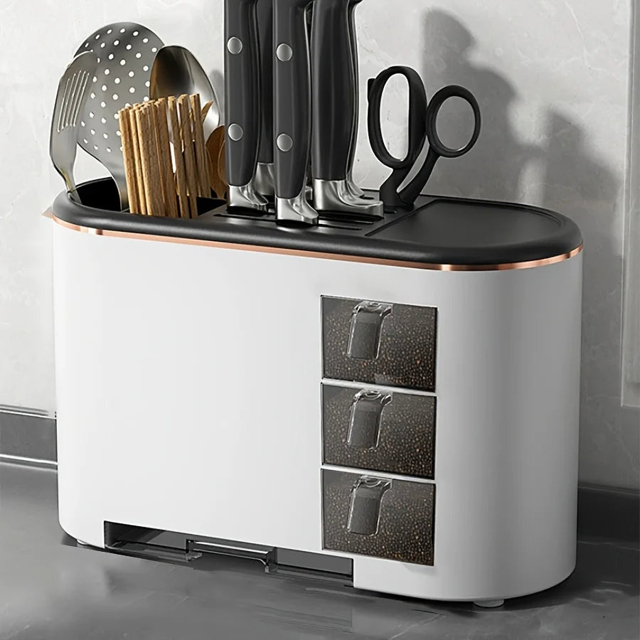 Multifunctional Kitchen Utensil Holder/Storage Rack with Drain Tray & Seasoning Box for Kitchen Countertop