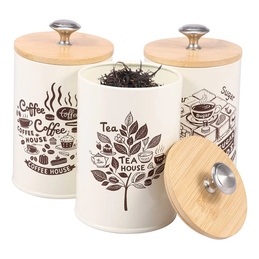 3Pcs Kitchen Coffee Sugar Tea Canister Set - Vintage Metal Food Storage Box