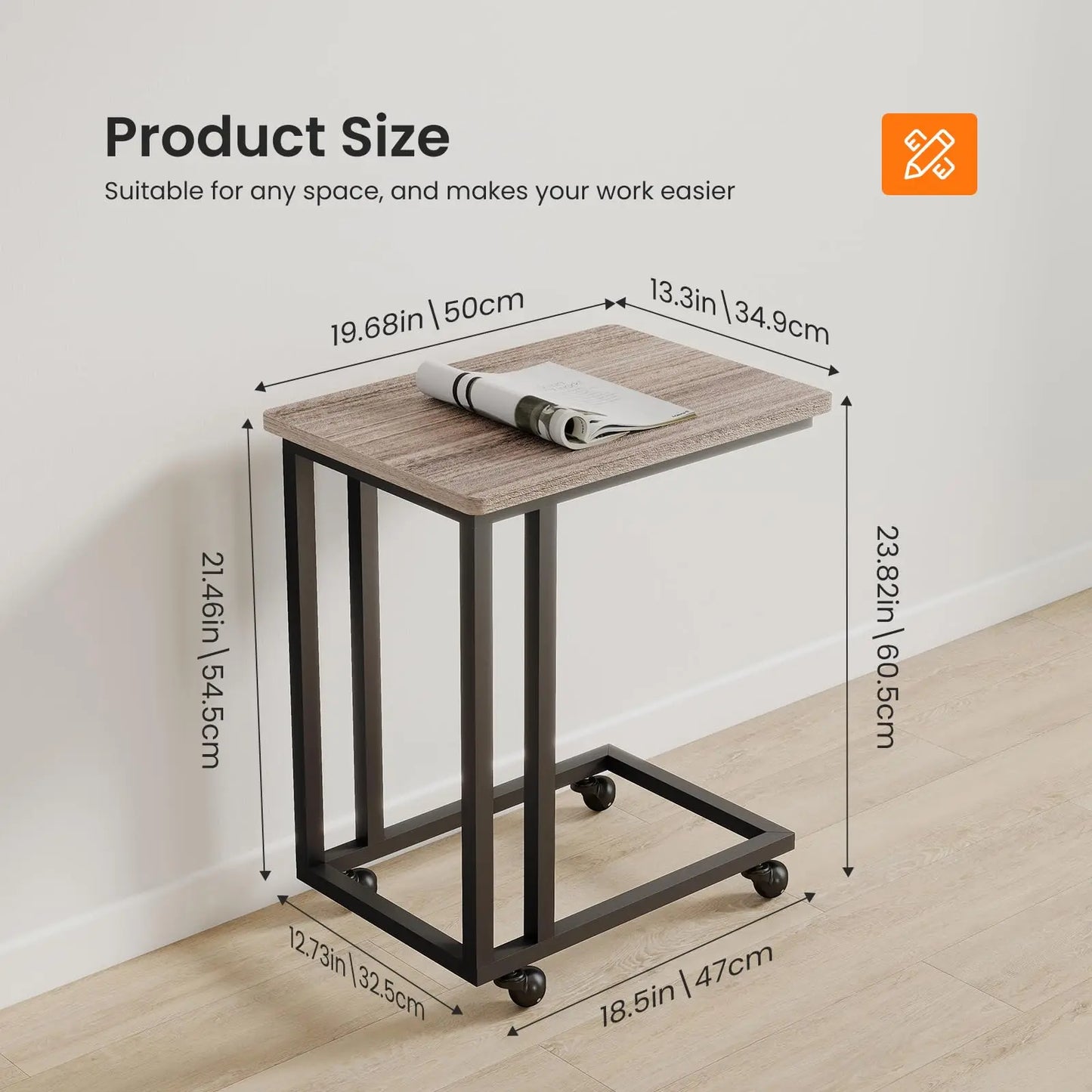 Wood Sofa Table with Wheels – Portable Overbed & Bedside Desk with Adjustable Feet and Metal Frame
