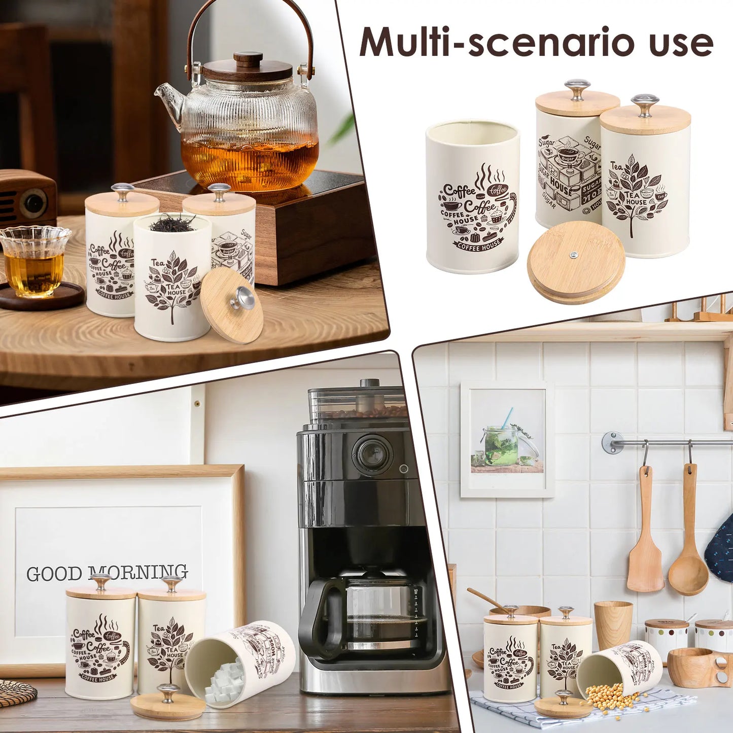 3Pcs Kitchen Coffee Sugar Tea Canister Set - Vintage Metal Food Storage Box