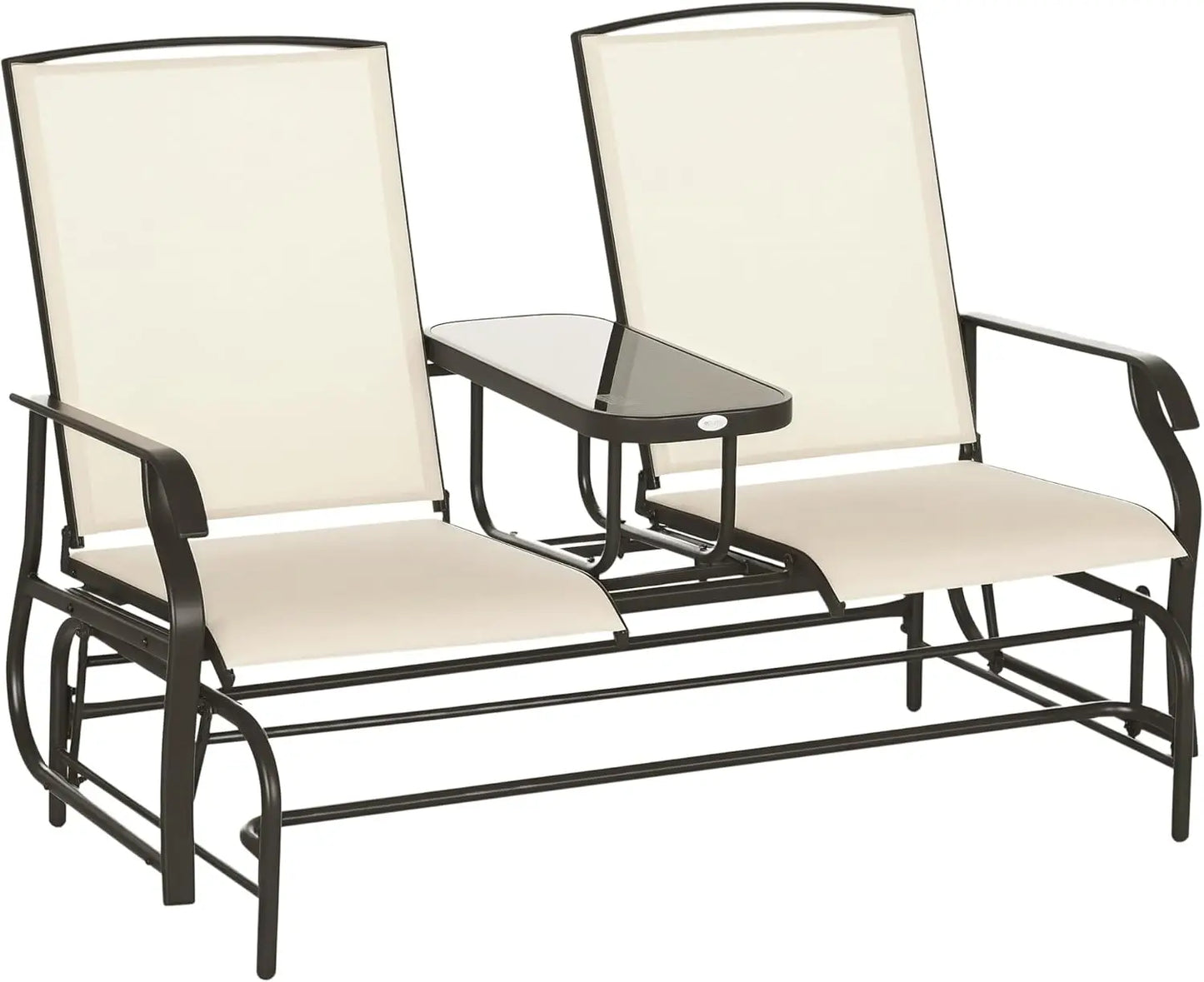 Outdoor Glider Bench with Center Table, Metal Frame Patio Loveseat, Breathable Mesh Fabric, with Armrests