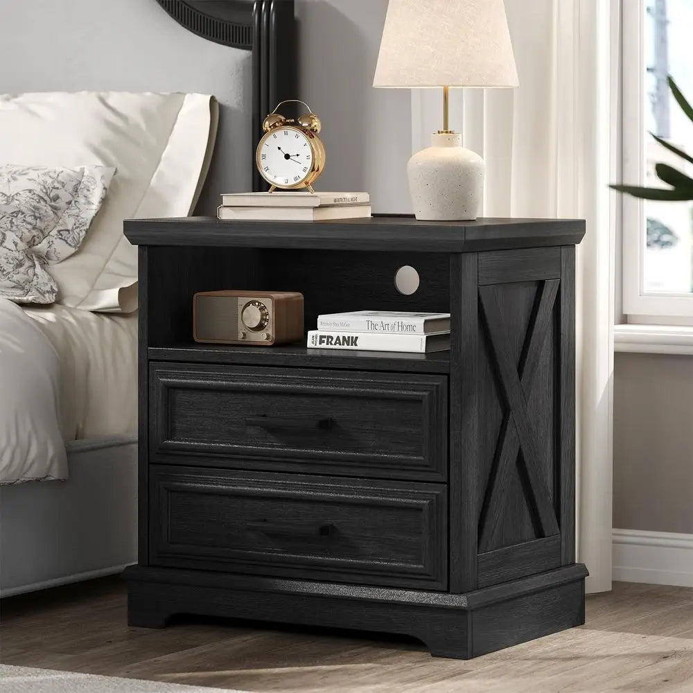 Gray Wood Nightstands (Set of 2) – Large‑Drawer Bedside Tables with Built‑In Charging Station
