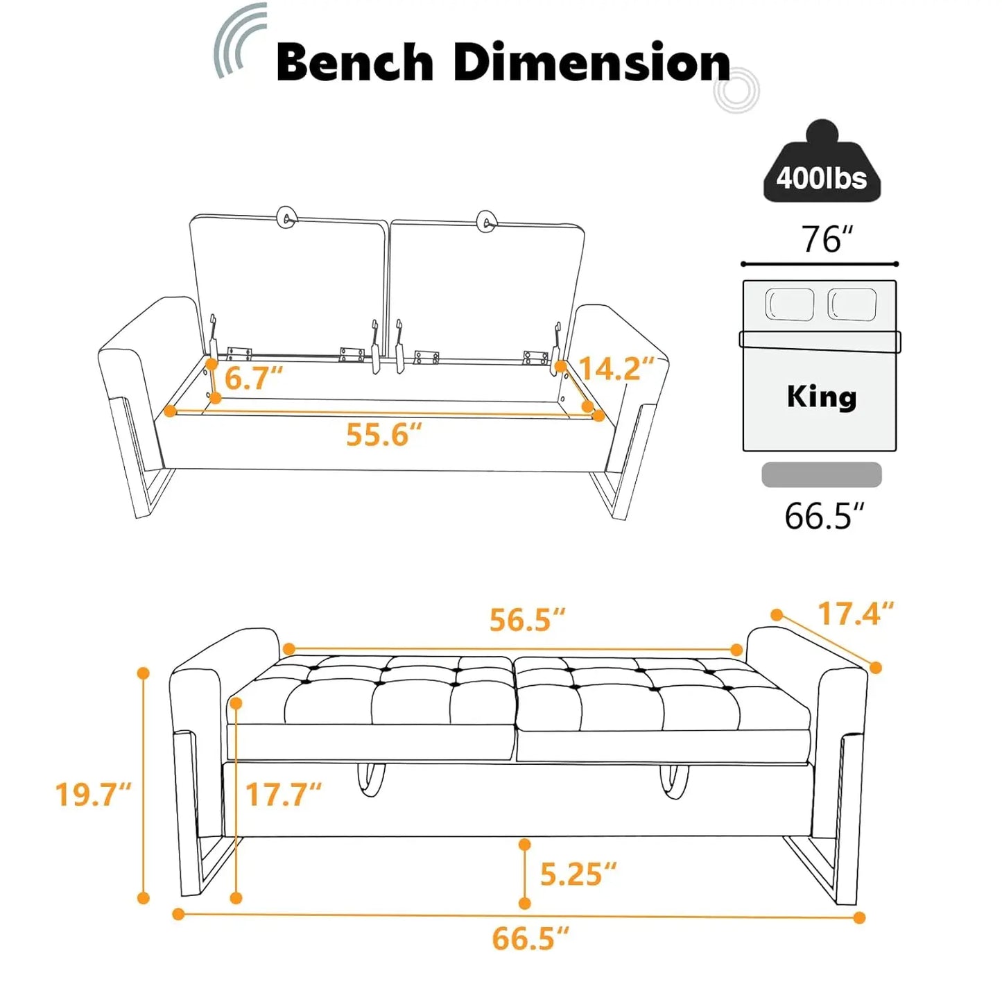 67" Storage Bench, Double Lids Storage