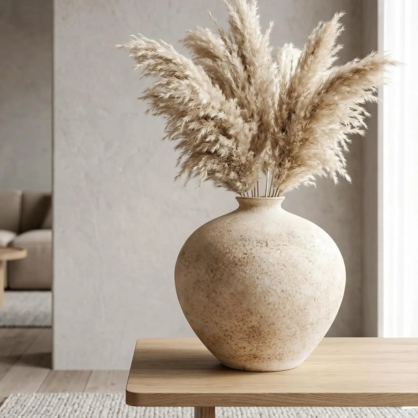 9.5" Rustic Ceramic Vase – Distressed Textured Beige Pottery Vase for Pampas Grass, Flowers & Home Décor