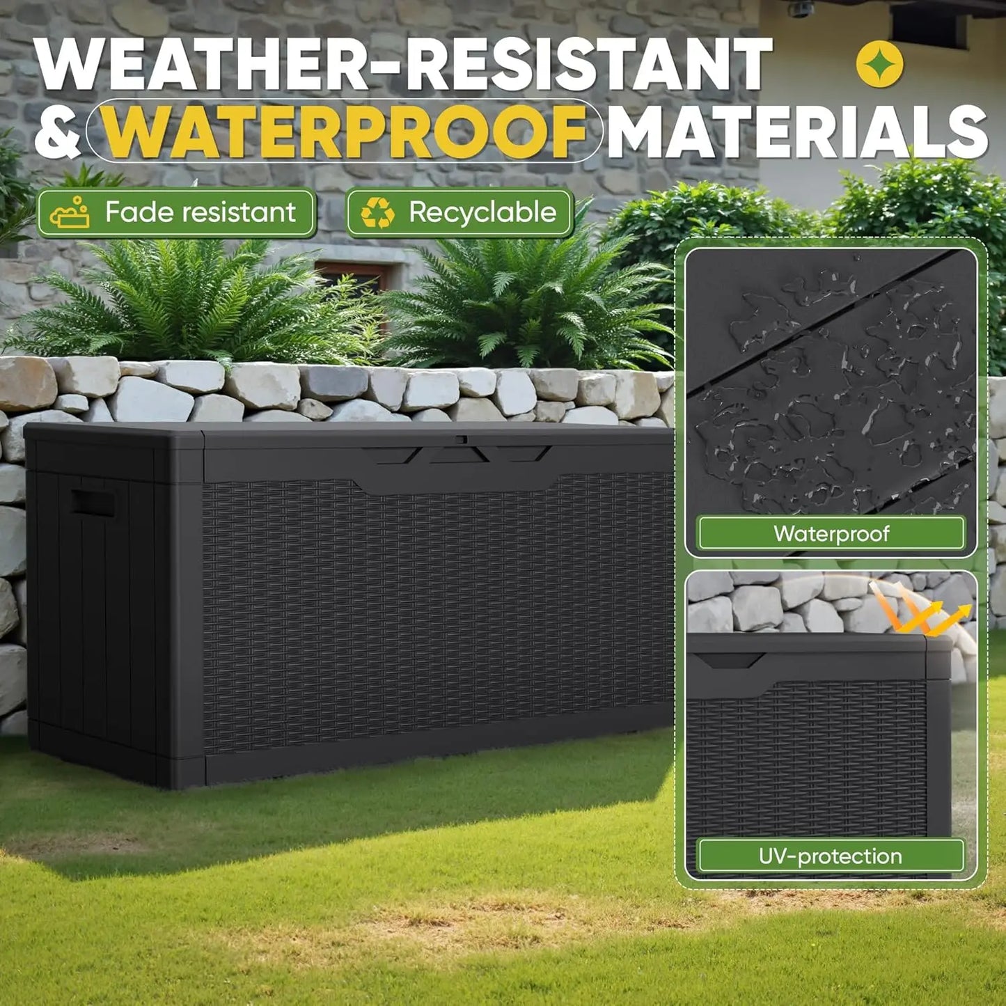 100 Gallon Outdoor Storage Box with Lockable Lid, Waterproof & UV Resistant for Patio Furniture and Garden Tools