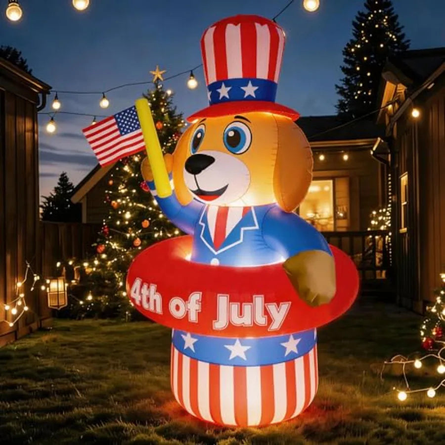 5FT Patriotic Puppy Inflatable – 4th of July Blow‑Up Decoration with Hat & Waving USA Flag