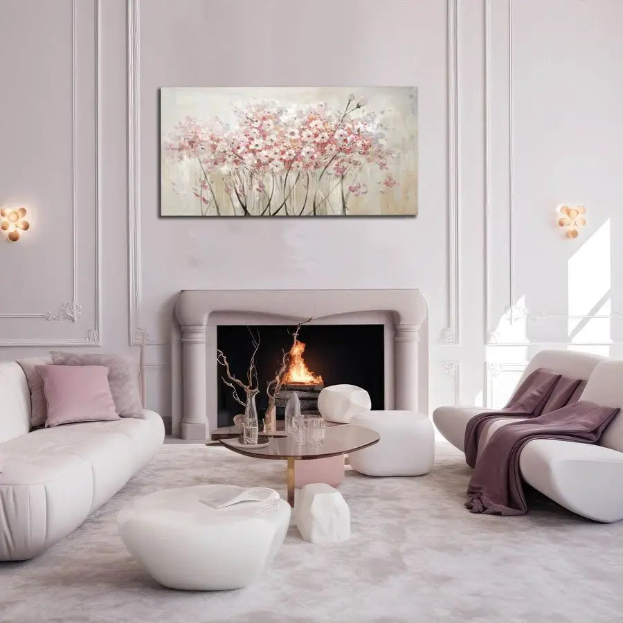 White Floral Oil Painting Canvas Art Wall - Botanical Picture Graffiti Wall Art for Bedroom, Living Room