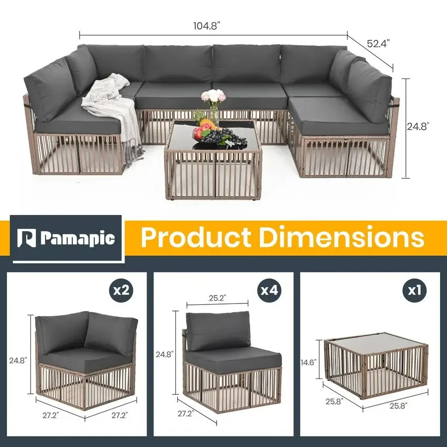 7 Piece Outdoor Sectional Sofa Set, AllWeather with Washable Cushions, Waterproof Brown Rattan Wicker