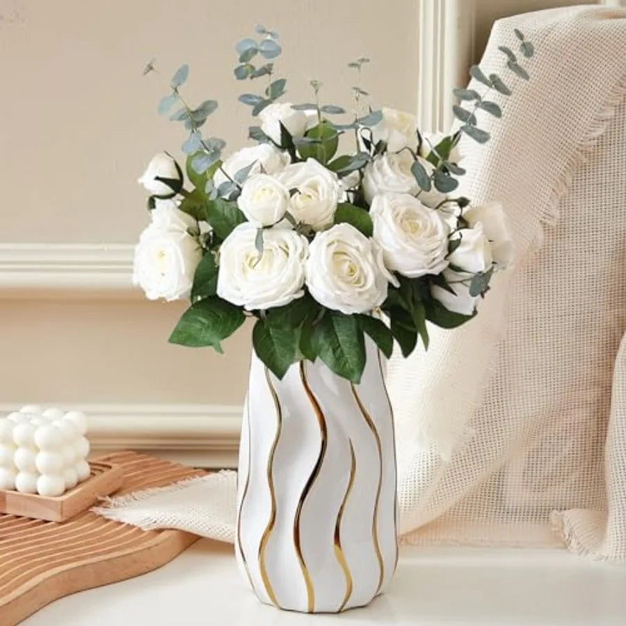 White Ceramic Vase – Vertical Stripe Decorative Flower Vase for Home, Bedroom, Office & Living Room Décor