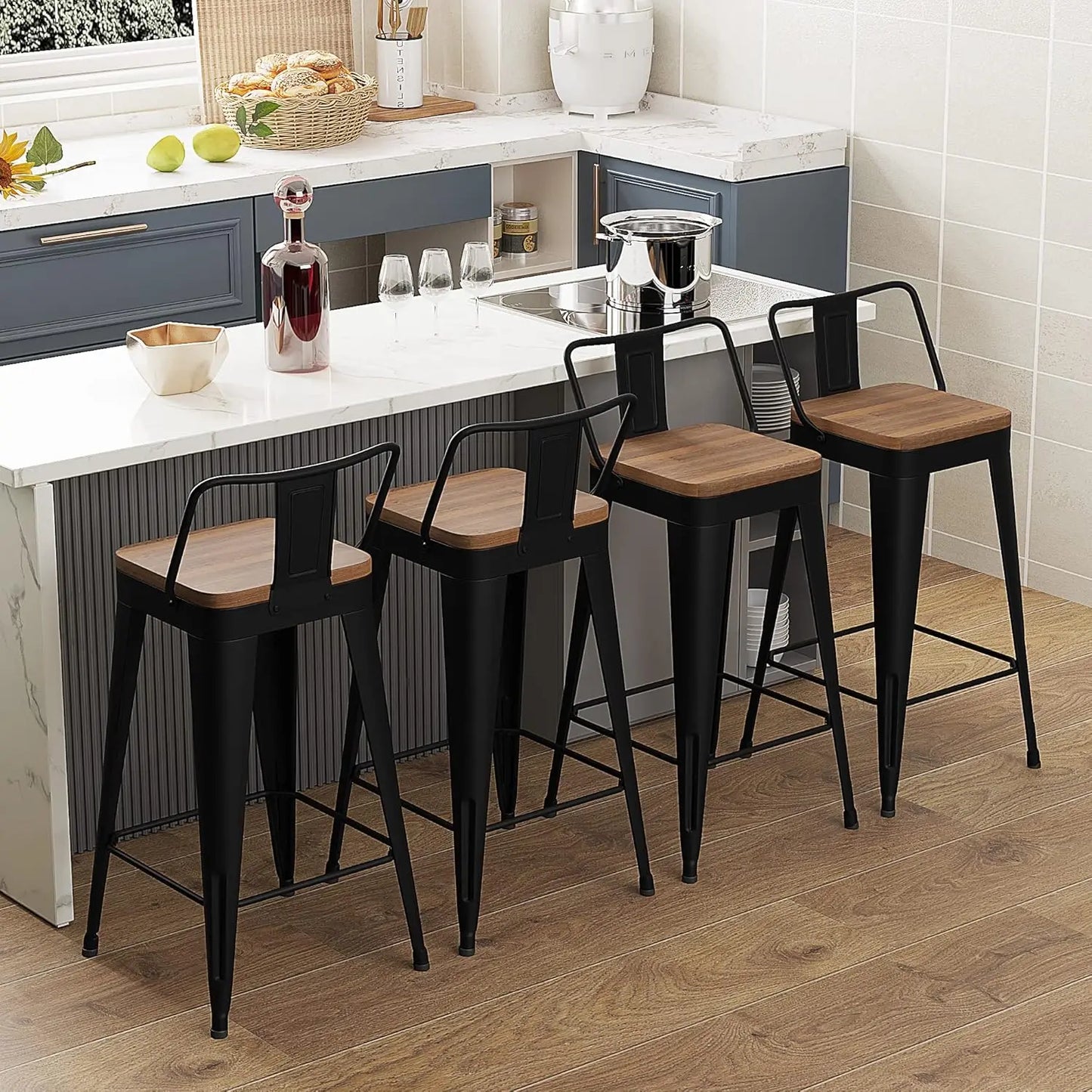 Set of 4 Black Metal Bar Stools with Removable Back, Wooden Seat, 26" Counter Height, Stackable Design