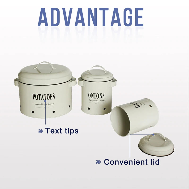3‑Piece Metal Potato, Onion & Garlic Canister Set – Countertop Storage Containers with Lids
