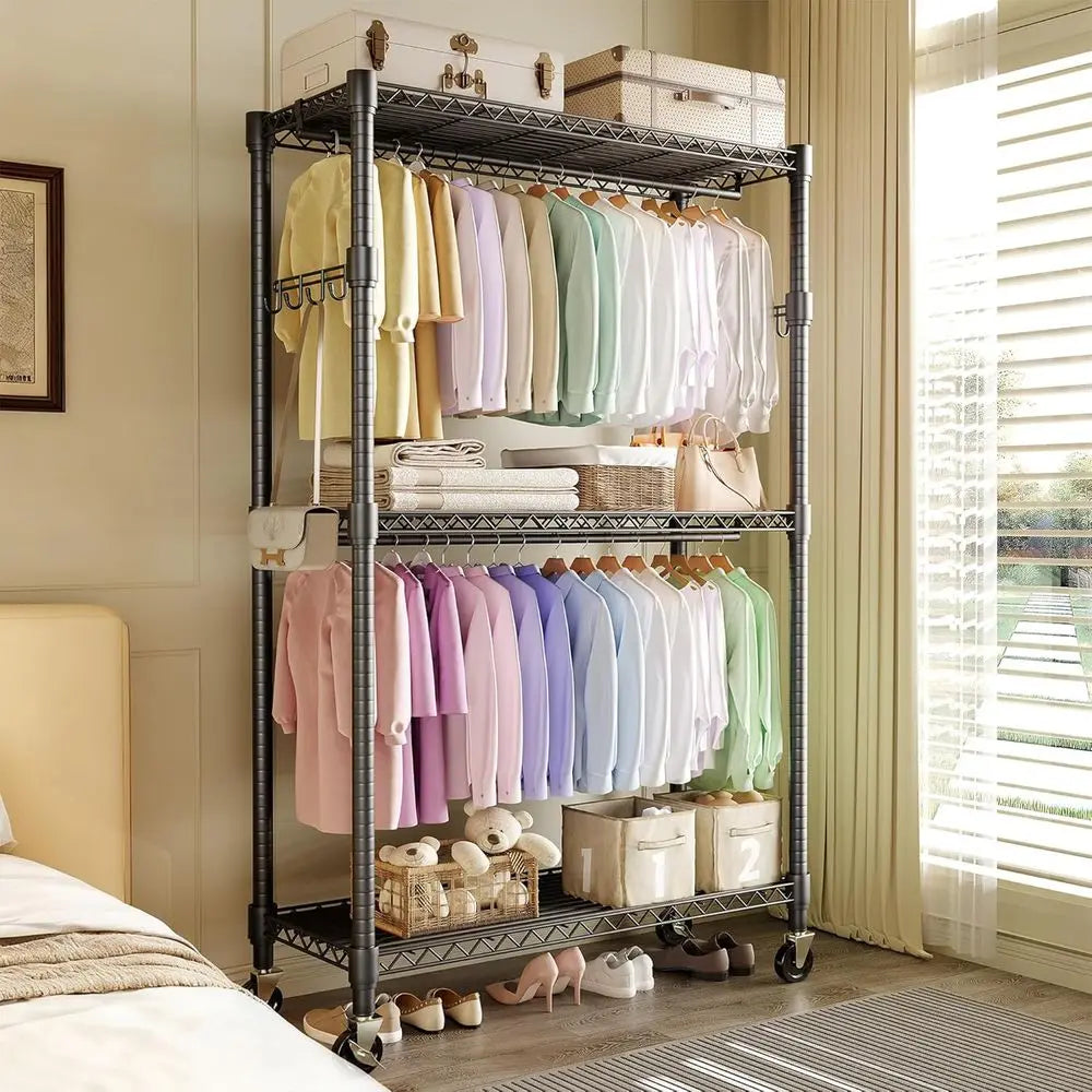 3‑Tier Clothes Rack with Wheels – Adjustable Shelves & Dual Hanging Rods