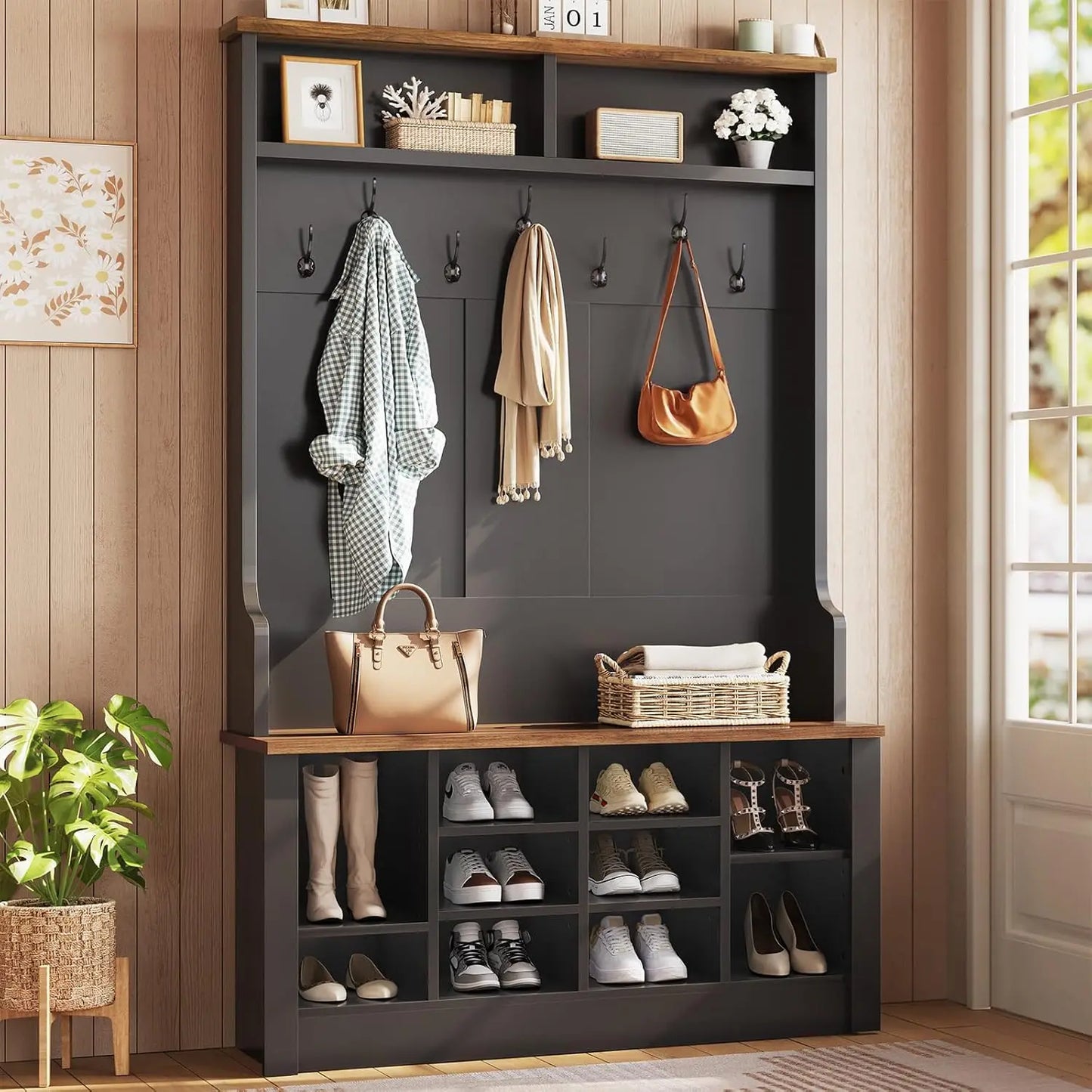 Hall Tree with Bench and Shoe Storage, 3-in-1 Entryway Bench
