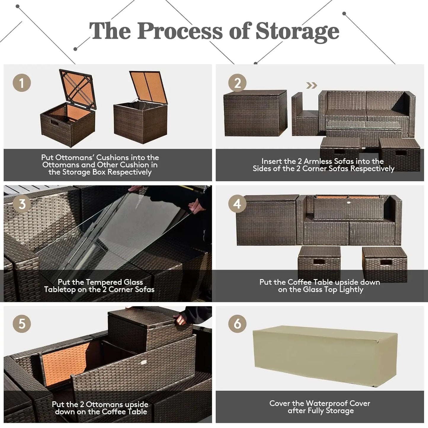 8‑Piece Rattan Outdoor Furniture Set – Sectional Sofa, Chairs, Storage Ottoman & Glass Table, Space‑Saving Design