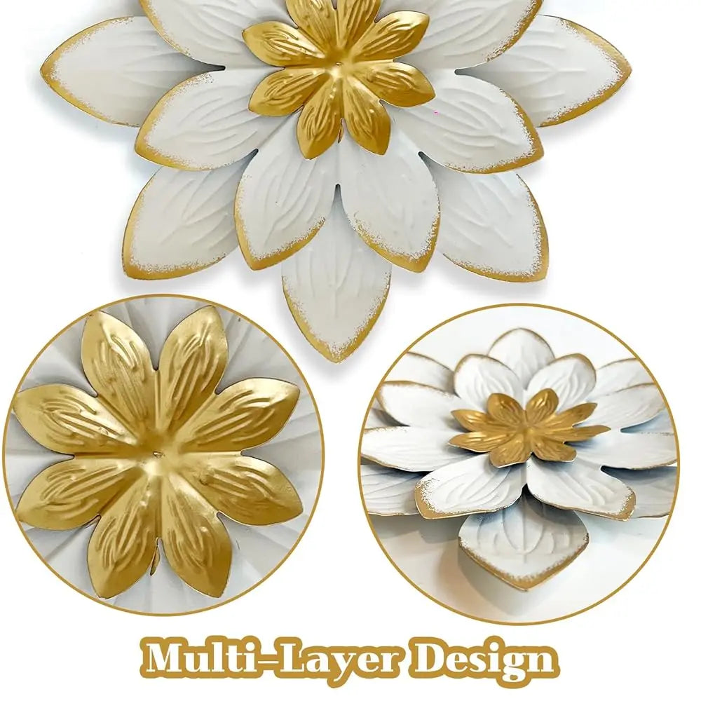 9“ White and Gold Metal Flower Wall Art, Modern Rustic Floral Decor for Indoor Living Room, Bedroom, Office, or Outdoor
