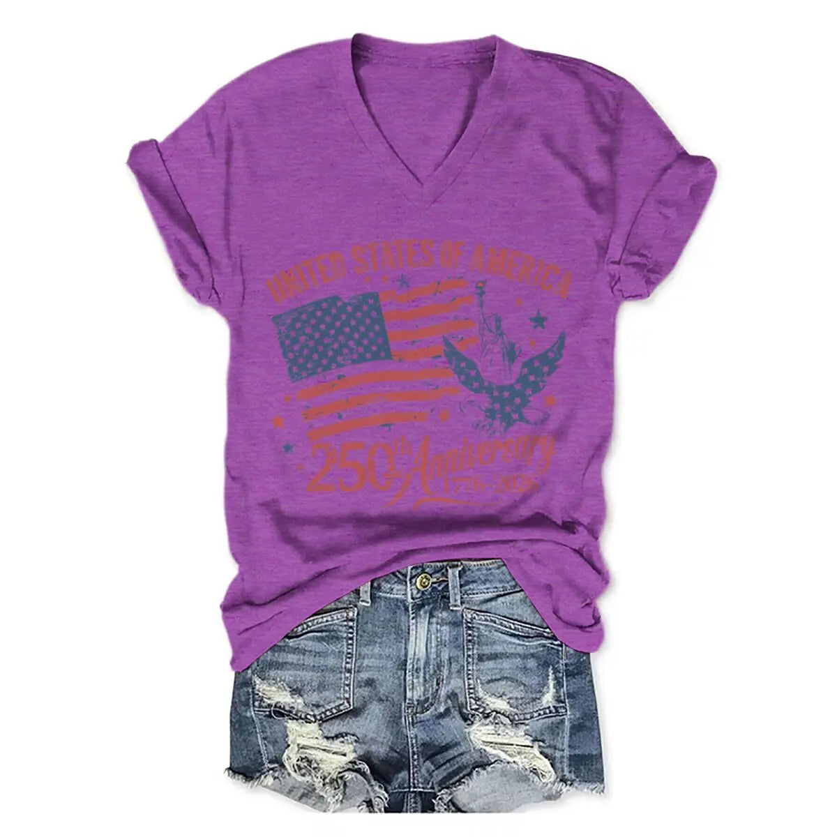 4th of July V-neck T-Shirt Women Clothing America 250th Anniversary Graphic T Shirt 1776-2026 USA 250th Birthday Tops