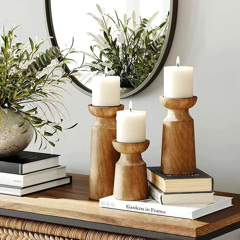 Hand‑Carved Wooden Pillar Holders – Artisanal Solid Wood Candle Stands (Set of 3)