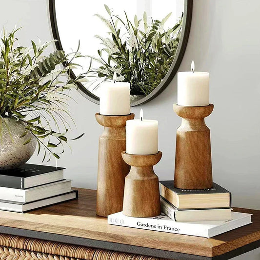 Hand‑Carved Wooden Pillar Holders – Artisanal Solid Wood Candle Stands (Set of 3)