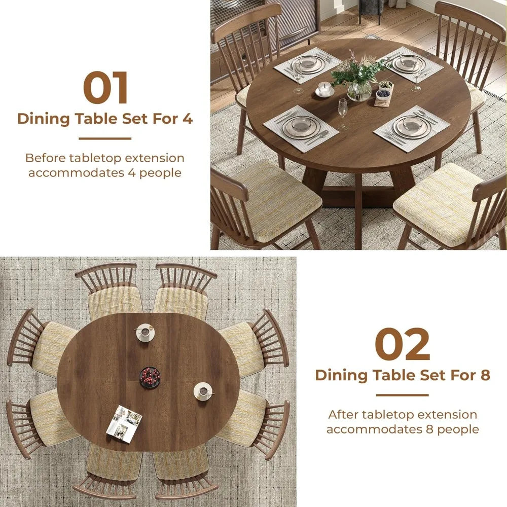Extendable Round Dining Table for 4-8, Modern Kitchen Oval Dining Table with Removable Leaves Space Saving, Wood Base