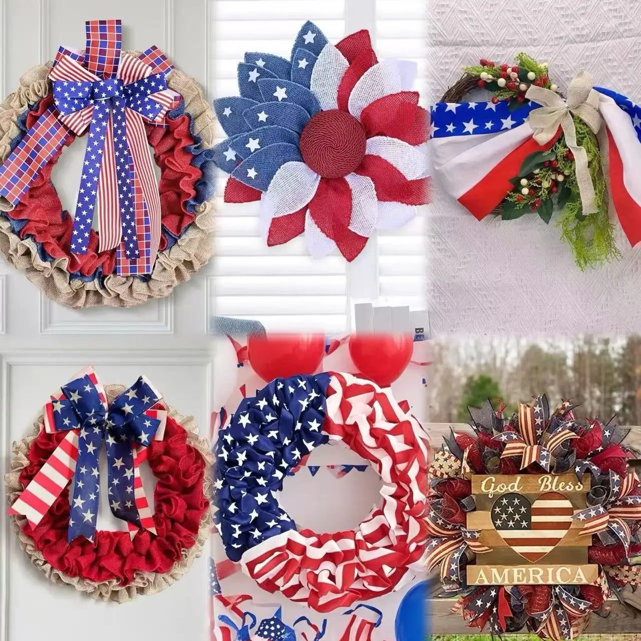Handmade Patriotic Wreath – Red, White & Blue Independence Day Front Door Decoration