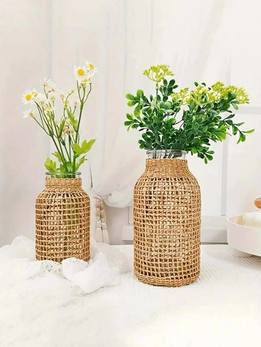 Woven Cylindrical Glass Vase – Decorative Desktop Planter for Home & Office
