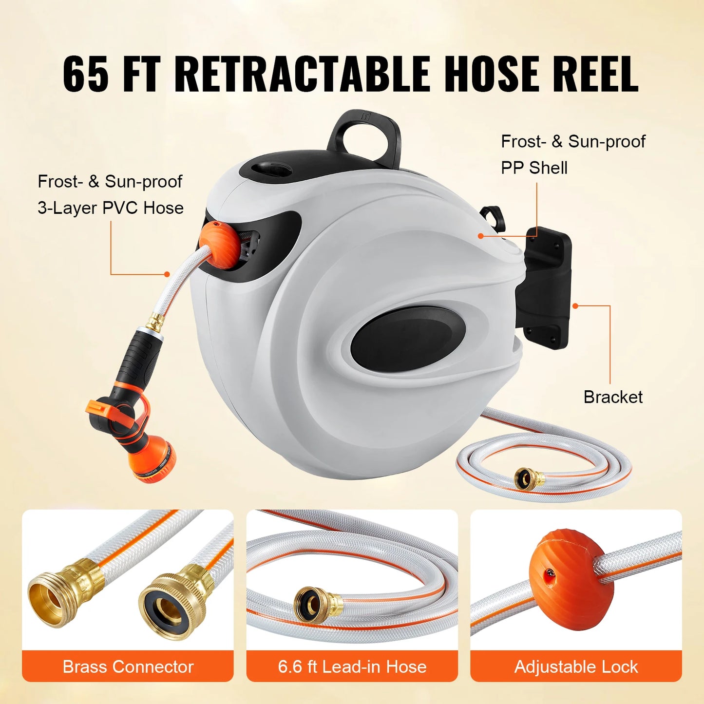 Retractable Hose Reel 180° Swivel Bracket Wall-Mounted Garden Water Hose Reel with 9-Pattern Nozzle Automatic Rewind