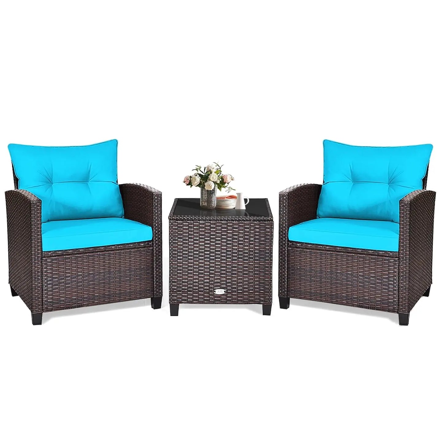 3‑Piece PE Rattan Patio Furniture Set – Outdoor Chairs with Washable Cushions & Tempered Glass Table (Multiple Colors)