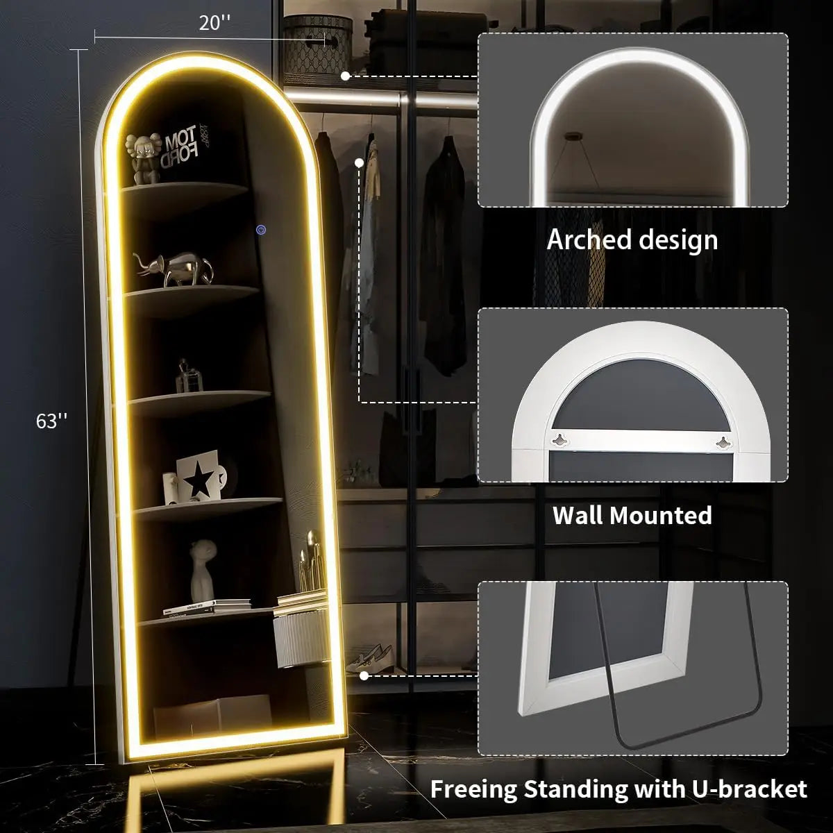 63×20" Arched Full‑Length Mirror with LED Lights – Dimmable & 3‑Color Modes