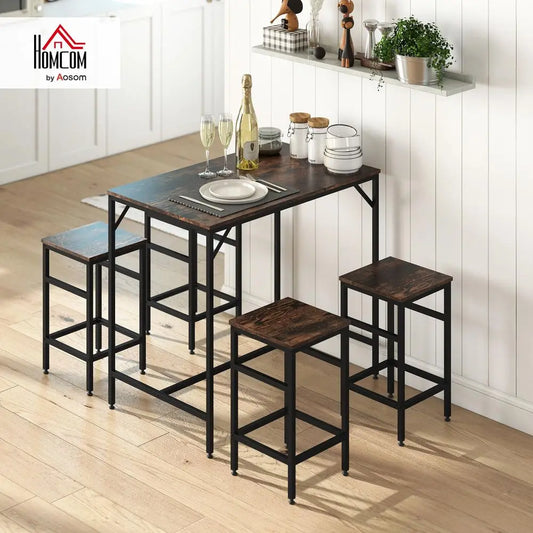 5 Piece Industrial Dining Table Set, Bar Table and 4 Stools