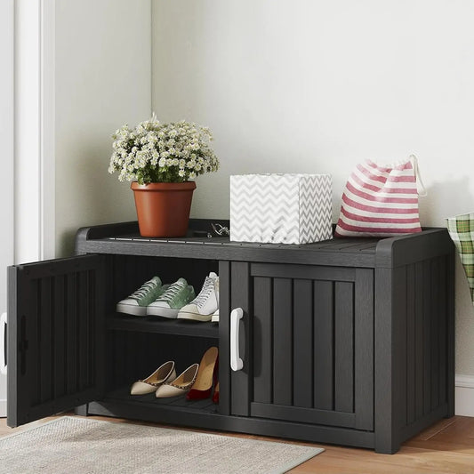 Entryway Shoe Organizer Bench, Waterproof UV-Resistant Shoe Storage Cabinet with Adjustable Shelves