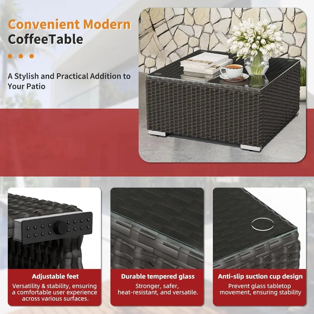 7-Piece Outdoor Patio Sofa Set - Black Rattan Wicker Set with Glass Top Table and Cushions(Red)