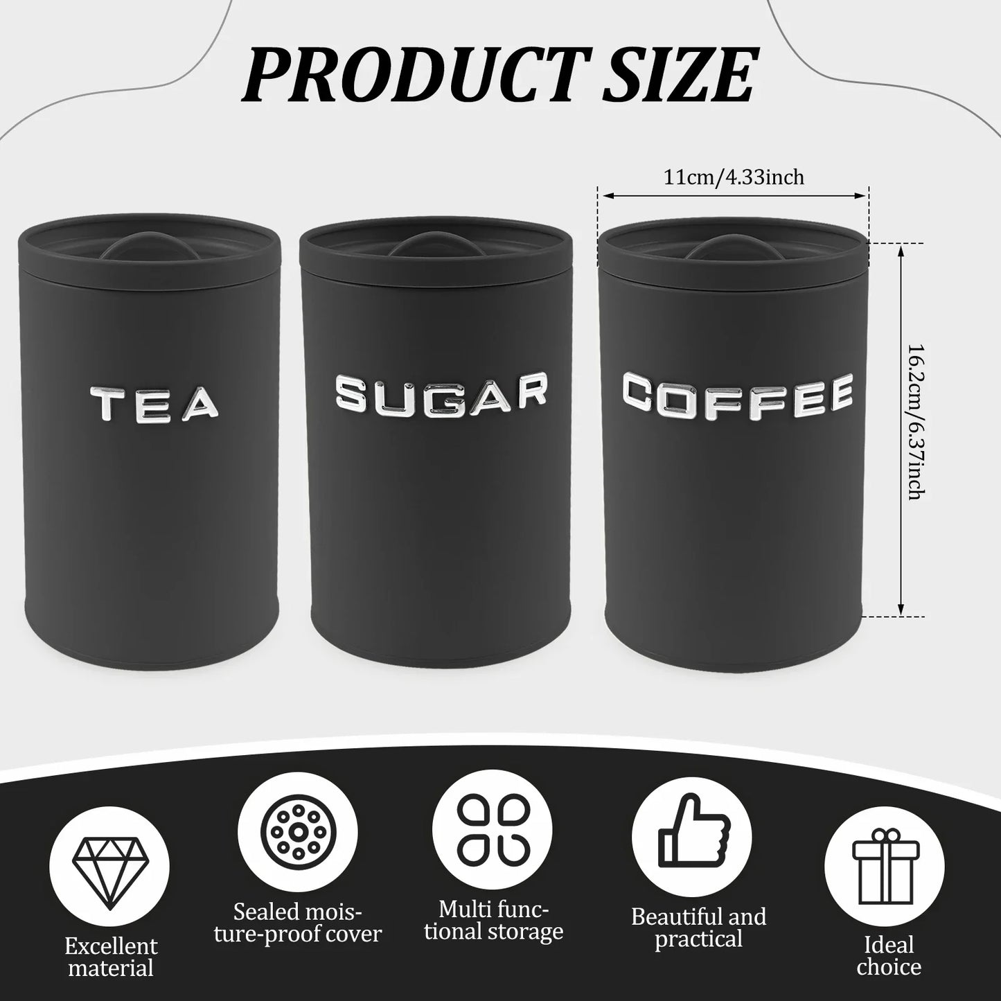 3‑Piece Tea, Coffee & Sugar Canister Set – Airtight Metal Kitchen Containers with Lids