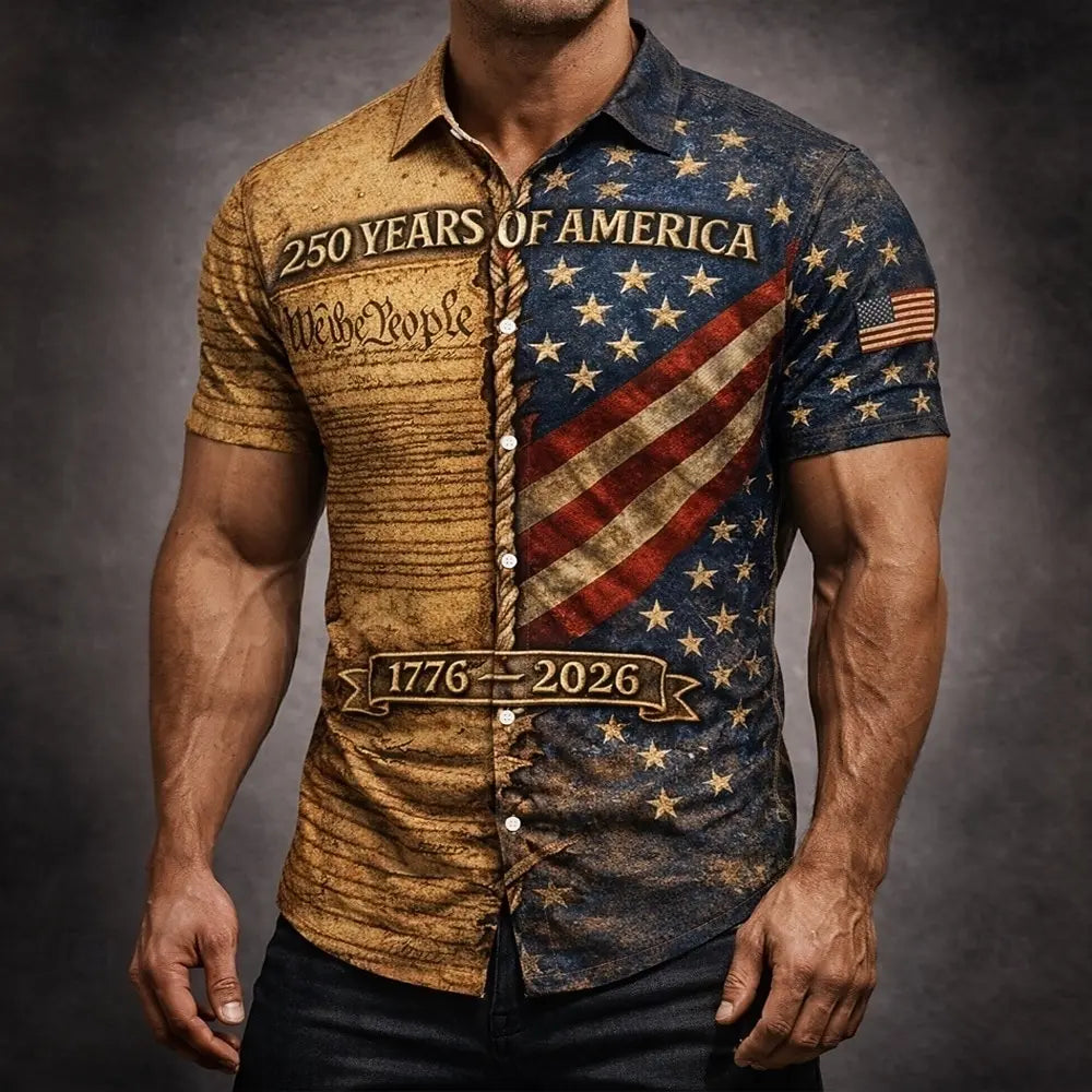 Men's US Flag We The People America's 250th Anniversary Shirt Button Up Shirt Short Sleeve Patriotic Outdoor Summer