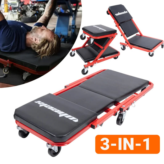 3-in-1 Rolling Mechanic Creeper Z Seat, Foldable, Red Black