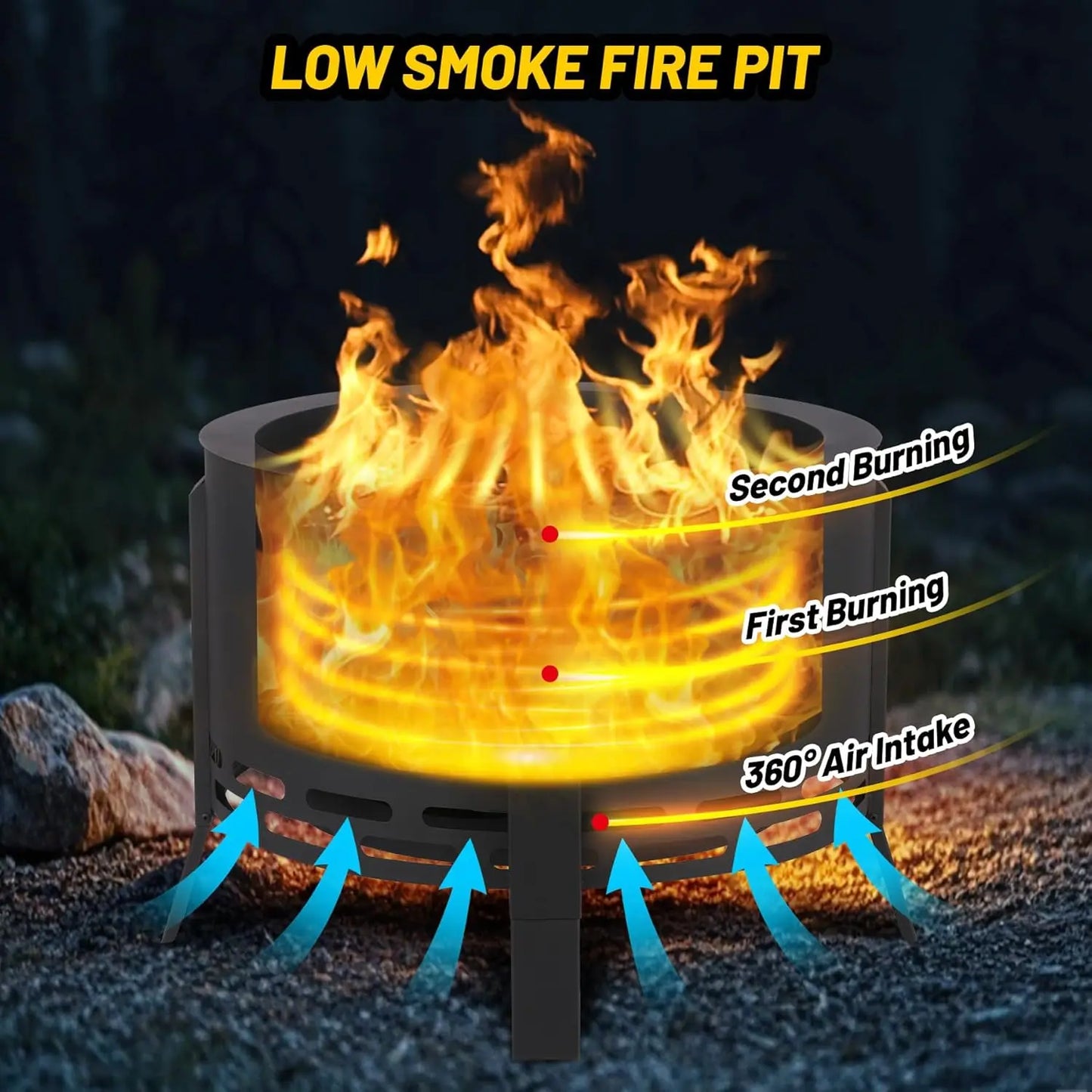 26" Low‑Smoke Outdoor Fire Pit – Portable Fire Bowl with Folding Feet for Patio, Backyard & Camping