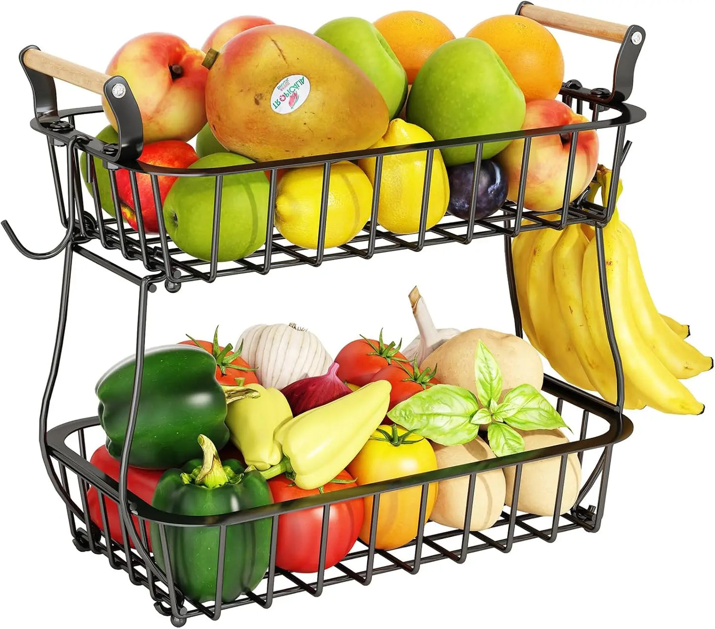 2‑Tier Metal Wire Fruit Basket with Banana Hanger – Kitchen Countertop Organizer