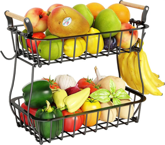2‑Tier Metal Wire Fruit Basket with Banana Hanger – Kitchen Countertop Organizer