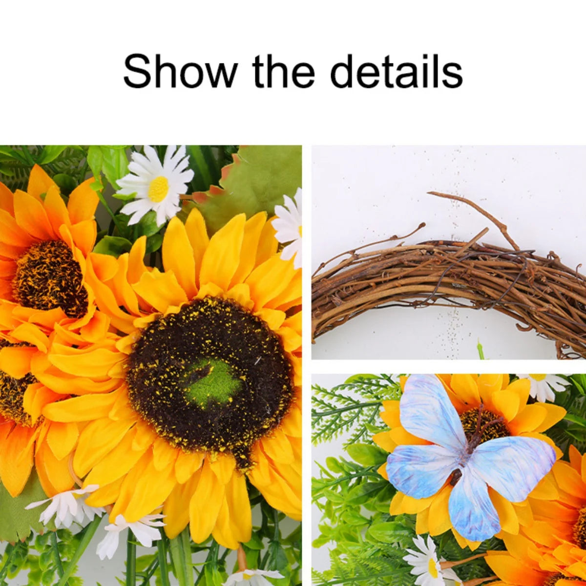 Artificial Sunflowers Wreath Spring Summer Floral Swags with Butterfly Fake Yellow Sunflower Rattan Garland for Front Door Decor