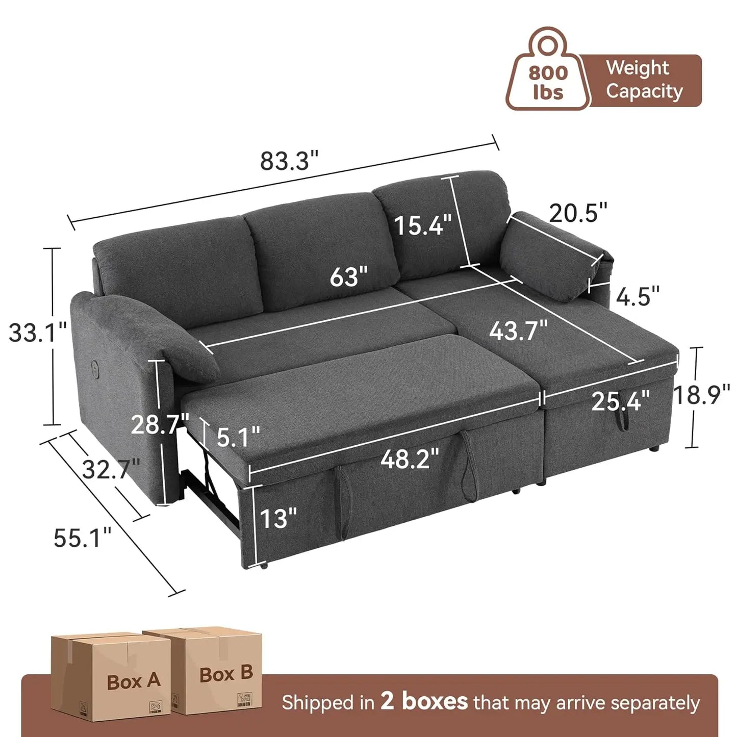 83'' Pull Out Sofa, 3 in 1 Sleeper with USB & Storage Chaise
