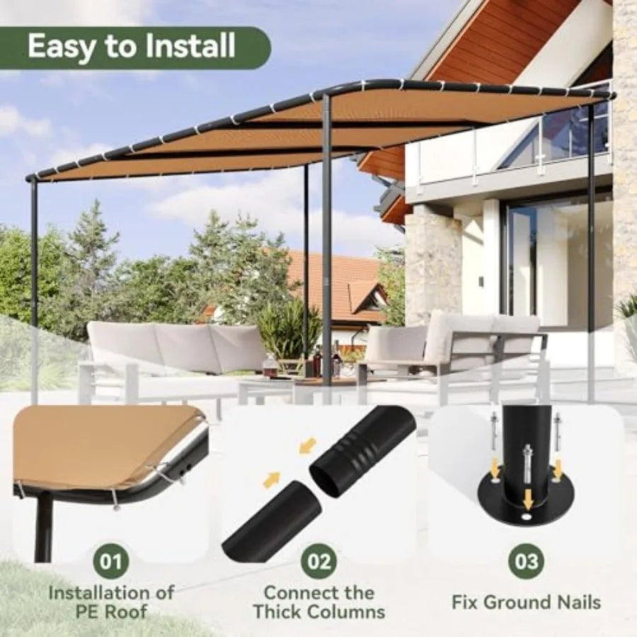 10x12 Lean to Gazebo Outdoor Pergola with Water Resistant UV-Resistant Wall-Mounted Canopy Sloped Roof Awning for Patio or Backyard