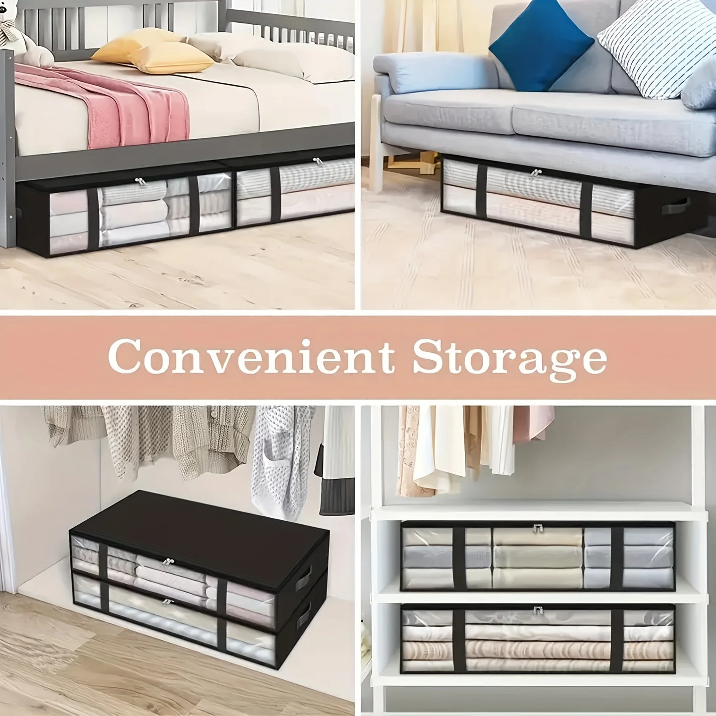 2‑Pack Large Under‑Bed Storage Organizers – Clear Window Bags with Reinforced Handles for Clothes, Comforters & Bedding