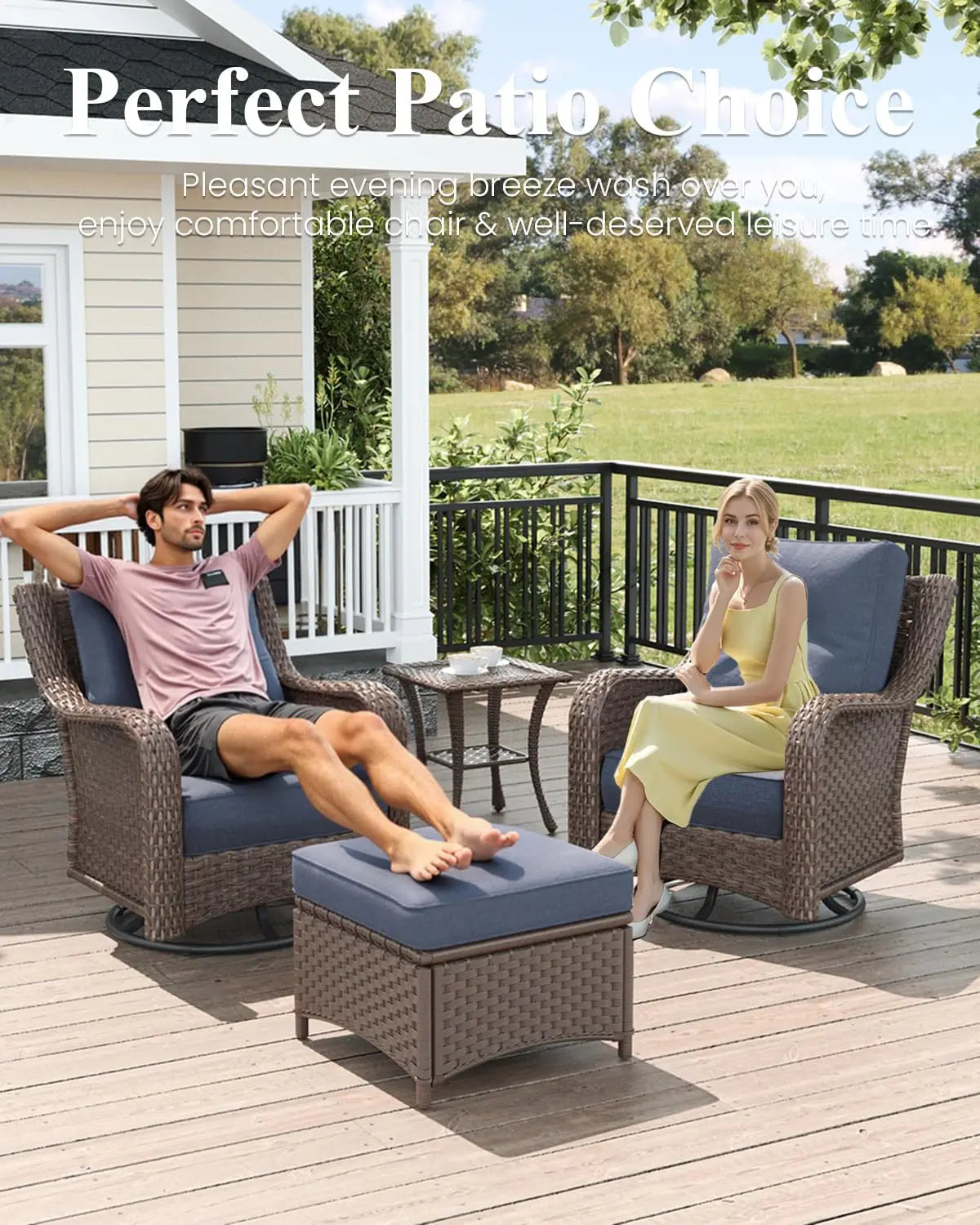 5‑Piece Patio Furniture Set – Wicker Swivel Rockers with High Backs, 6" Cushions & Fire Pit Table