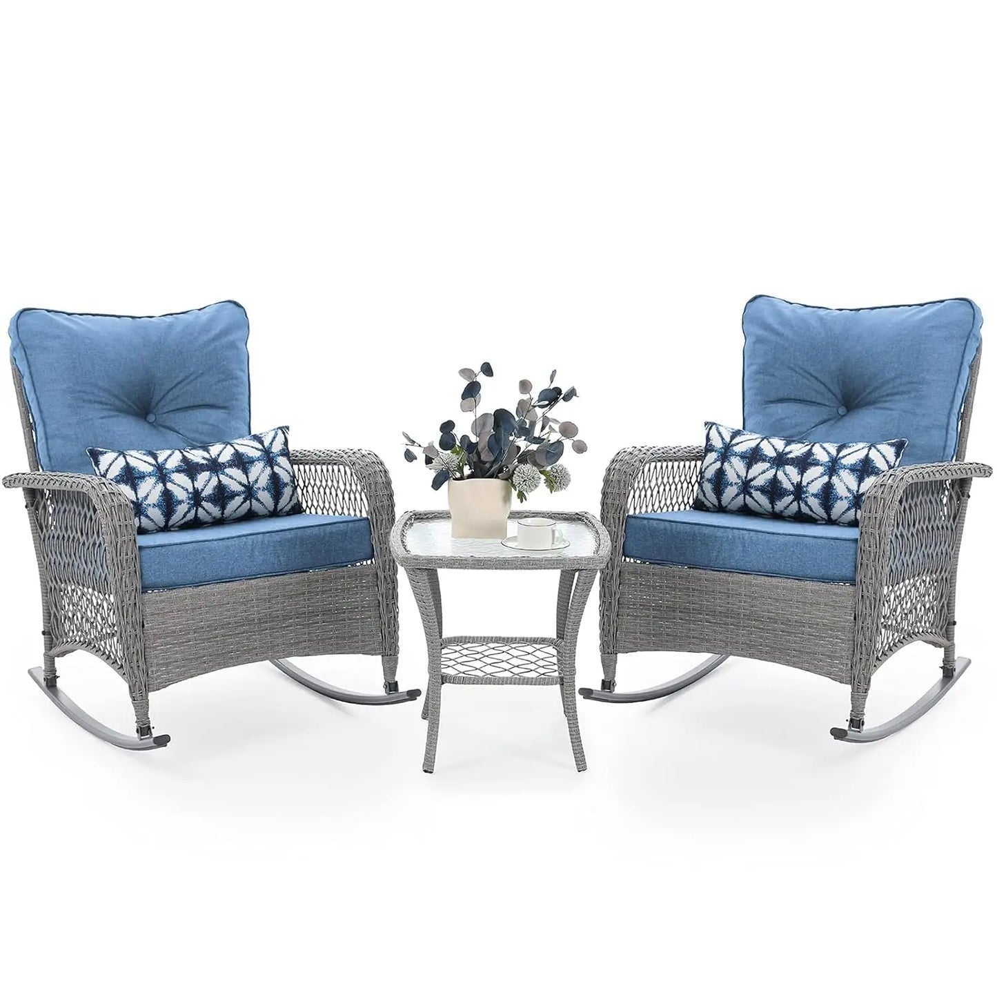 3‑Piece Outdoor Wicker Rocking Set – 4" Thick Cushions & Side Table for Porch, Balcony & Poolside