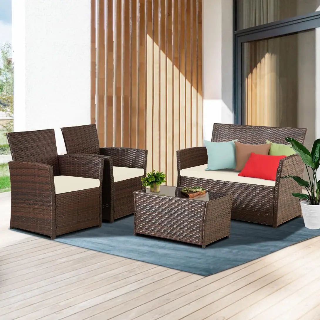 4‑Piece Outdoor Patio Furniture Set – Rattan Sofa, Chairs & Coffee Table