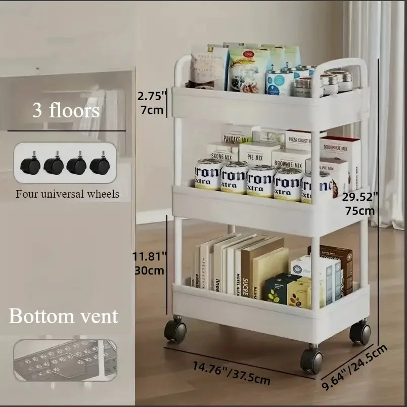 3/4‑Tier Multi‑Functional Rolling Cart – Large‑Capacity Mobile Storage Trolley with Wheels for Kitchen, Bathroom & Bedroom