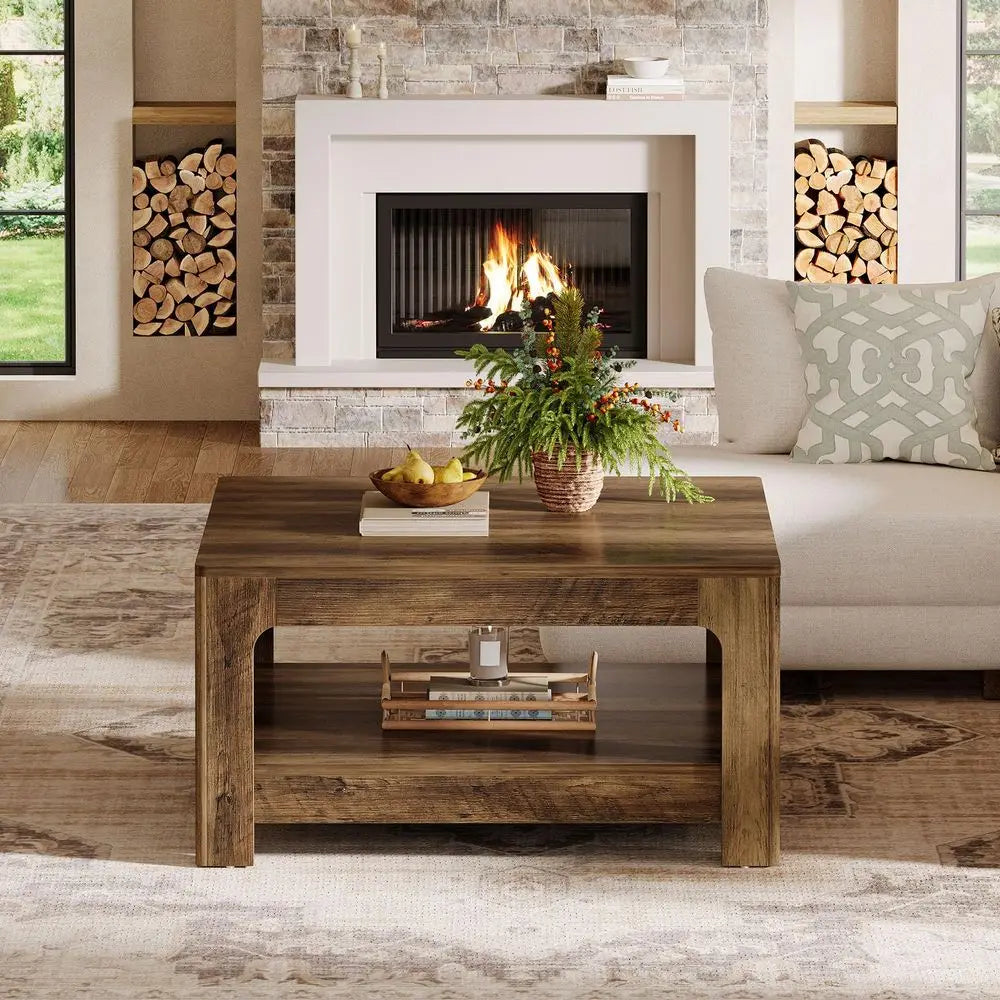 39" Square Coffee Table with Storage – Large Rustic Brown Farmhouse Center Table for Living Room