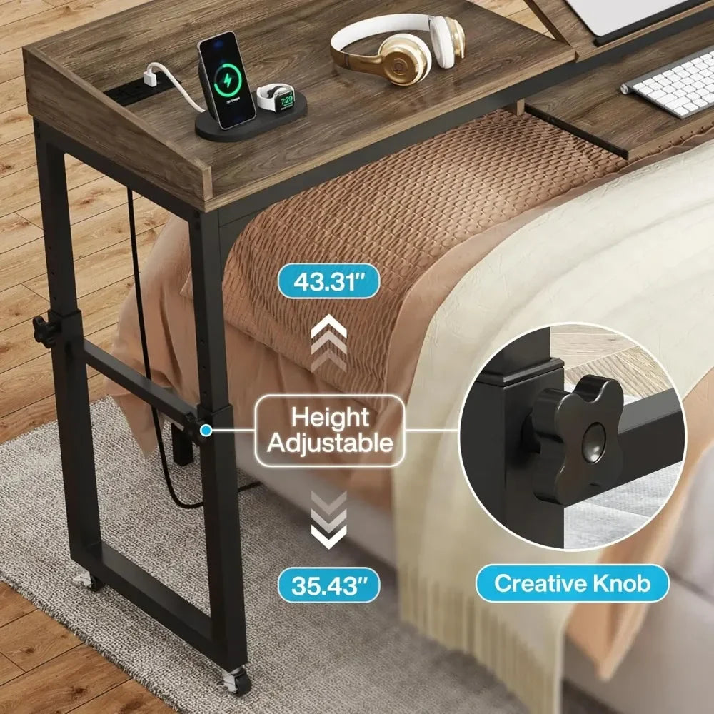 Height‑Adjustable Overbed Table with Wheels – Queen‑Size Rolling Desk & Mobile Laptop Cart