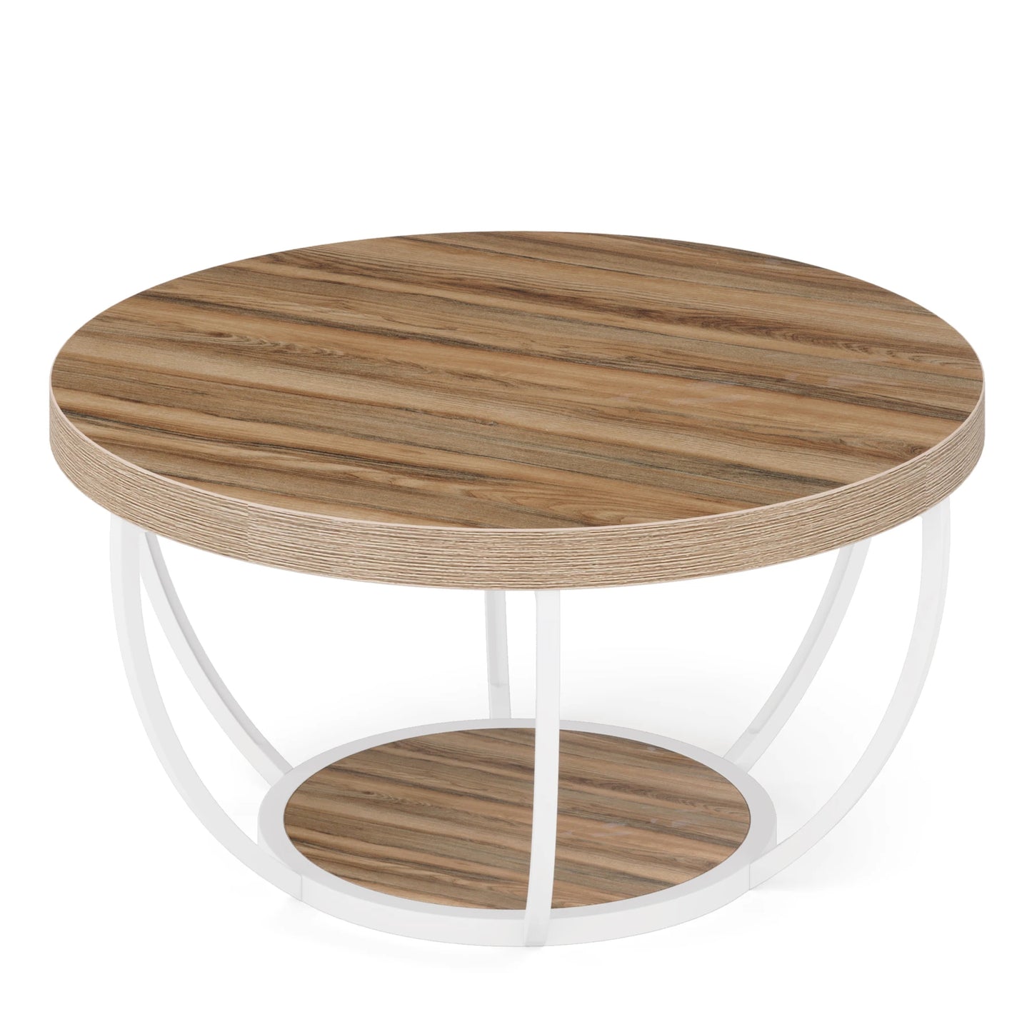 31" Round Coffee Table, Industrial 2-Tier Table with Storage Shelves