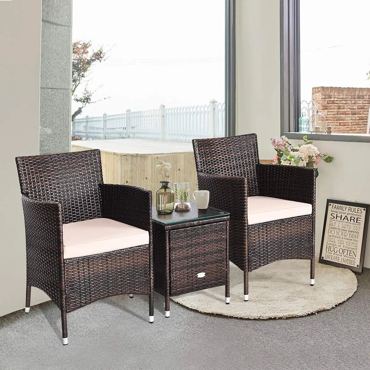 3‑Piece Patio Furniture Set – Wicker Rattan Chairs with Thick Cushions & Glass‑Top Coffee Table